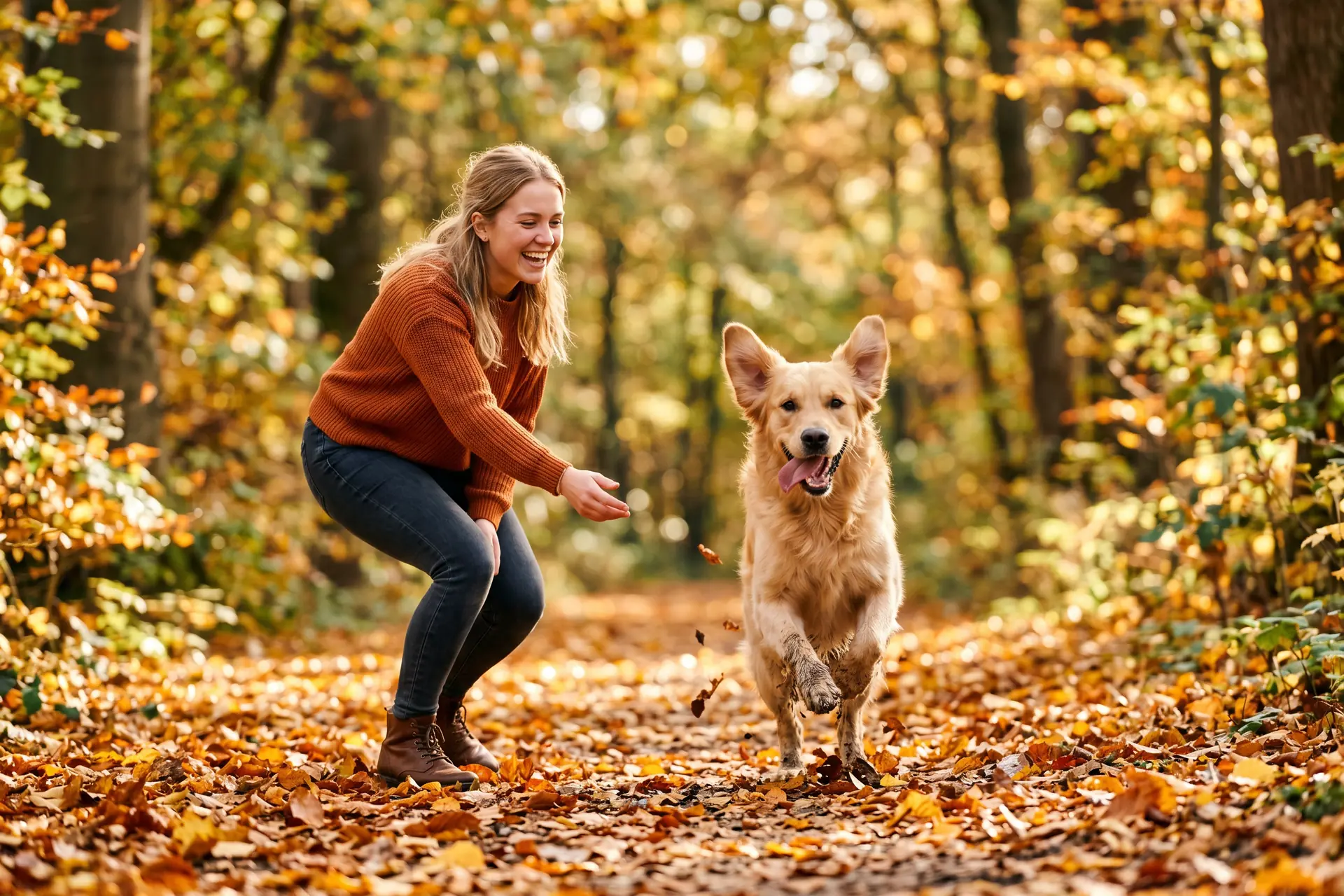 Un golden retriever revient vers son maître dans un parc lors d'un exercice de rappel, friandise à la main pour récompenser