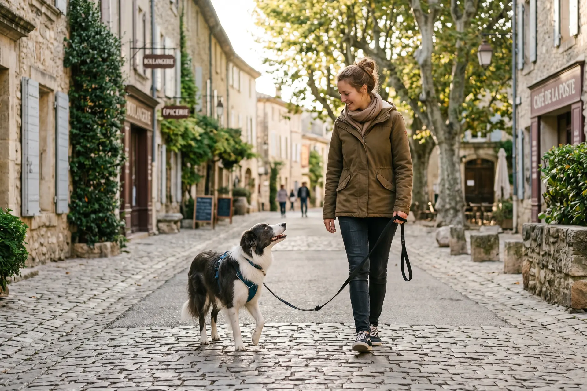 Un border collie en laisse apprend à marcher calmement aux côtés de son maître dans une rue résidentielle