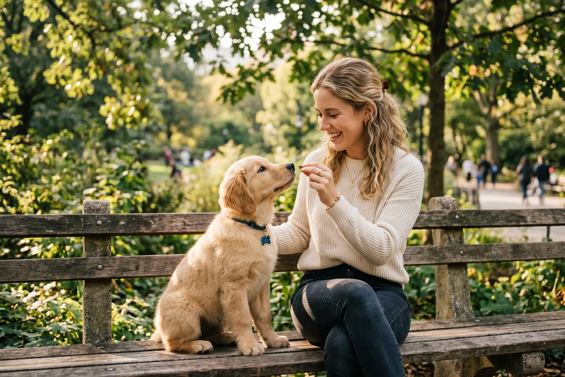 Une jeune femme et son golden retriever sur un banc de parc en train de faire un exercice d'éducation positive, le chien la regarde attentivement