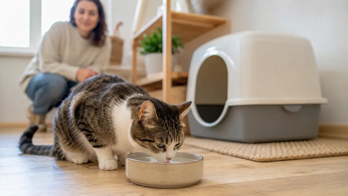 Chat buvant dans une gamelle près de sa litière sous le regard de son humaine