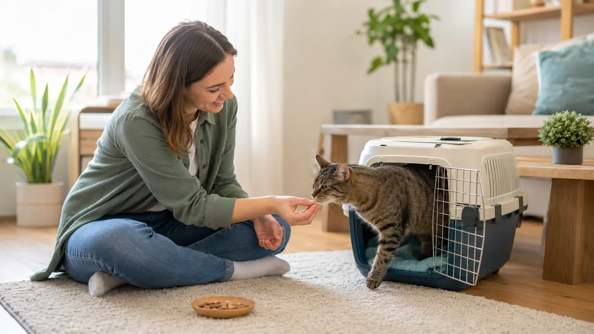 Chat sortant calmement d’une caisse de transport pour prendre une friandise donnée par sa propriétaire
