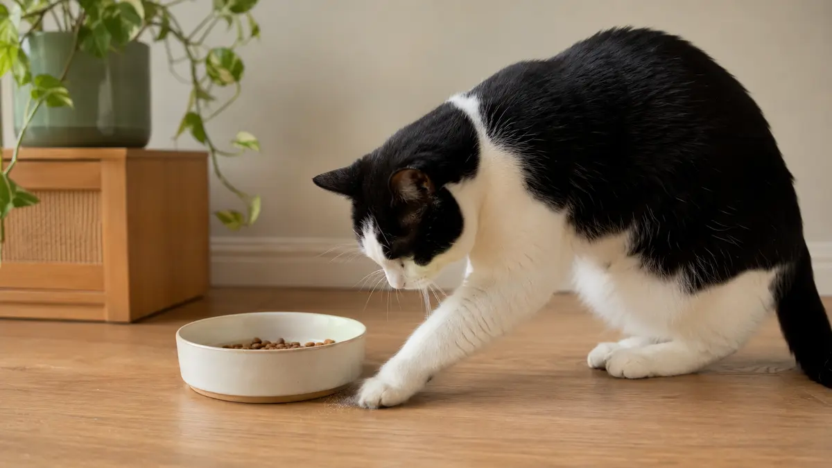 Chat noir et blanc grattant le sol avec une patte à côté d’une gamelle contenant des croquettes
