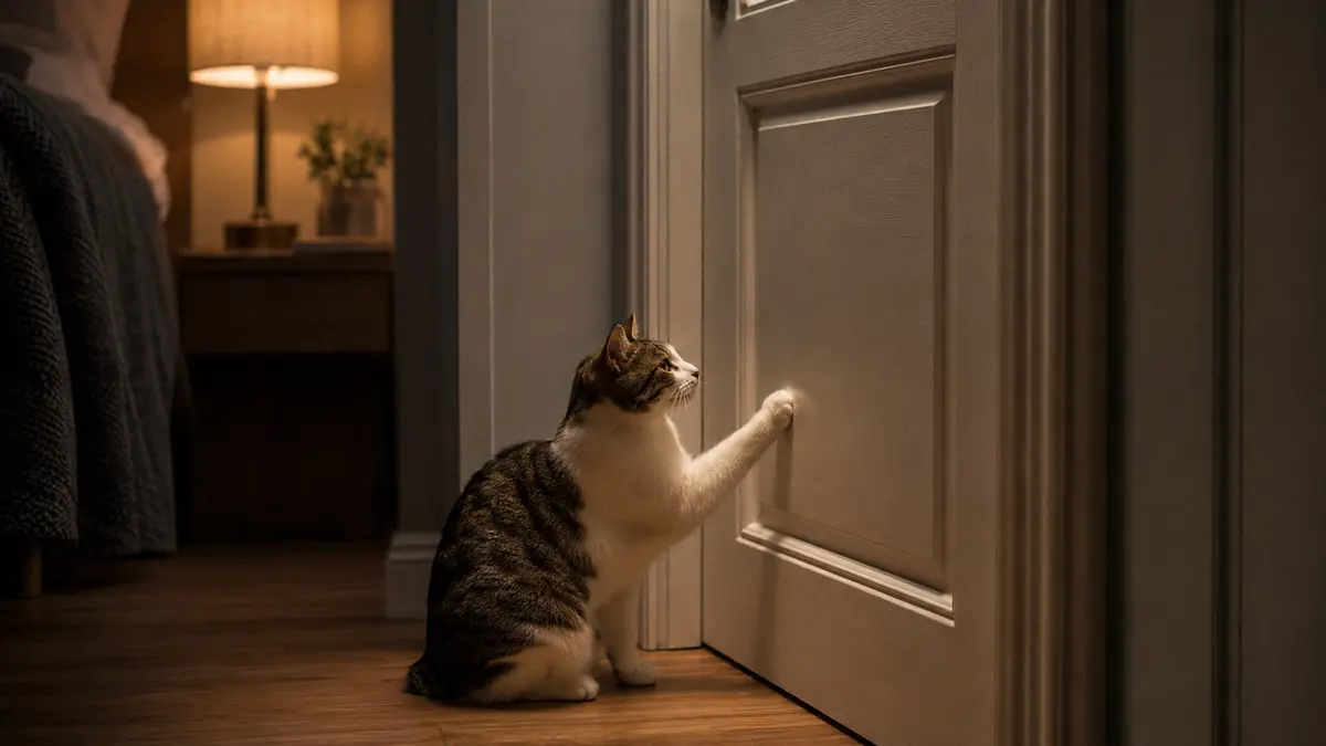 Chat tigré et blanc grattant une porte fermée dans une chambre éclairée la nuit