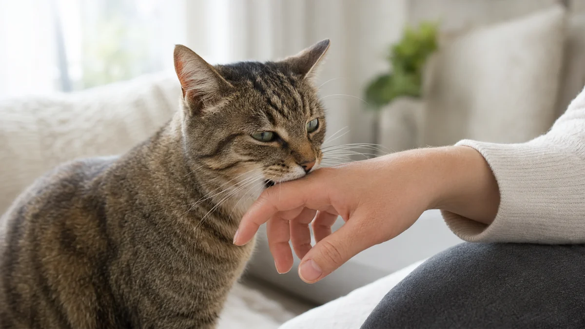 Chat tigré mordillant doucement la main détendue de sa propriétaire