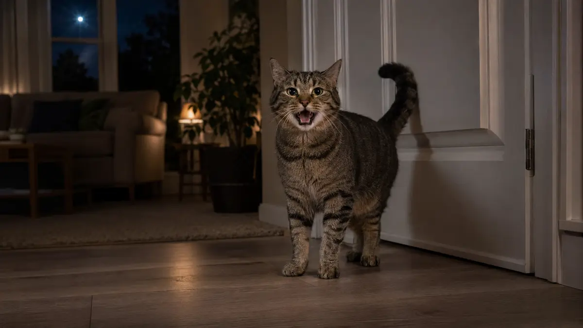 Chat tigré miaulant calmement près d’une porte dans un salon éclairé pendant la nuit