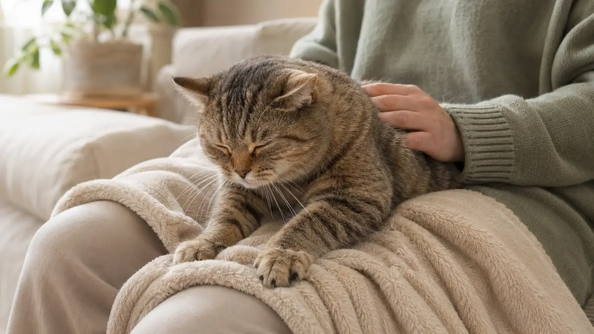 Chat tigré détendu patounant une couverture beige sur les genoux de son humaine