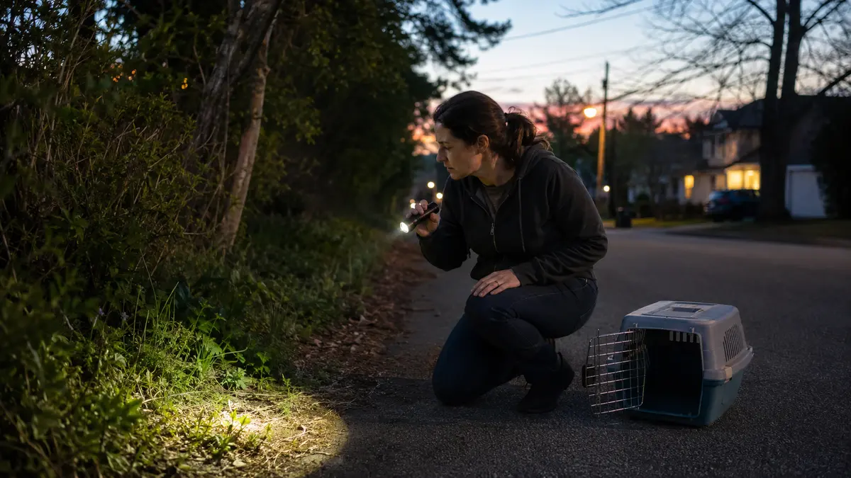 Femme cherchant un chat avec une lampe torche au crépuscule près d’une caisse de transport ouverte