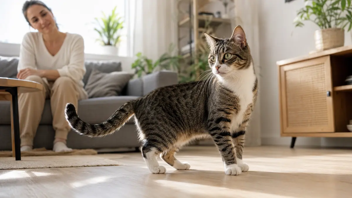 Chat tigré debout dans un salon avec la queue courbée en mouvement