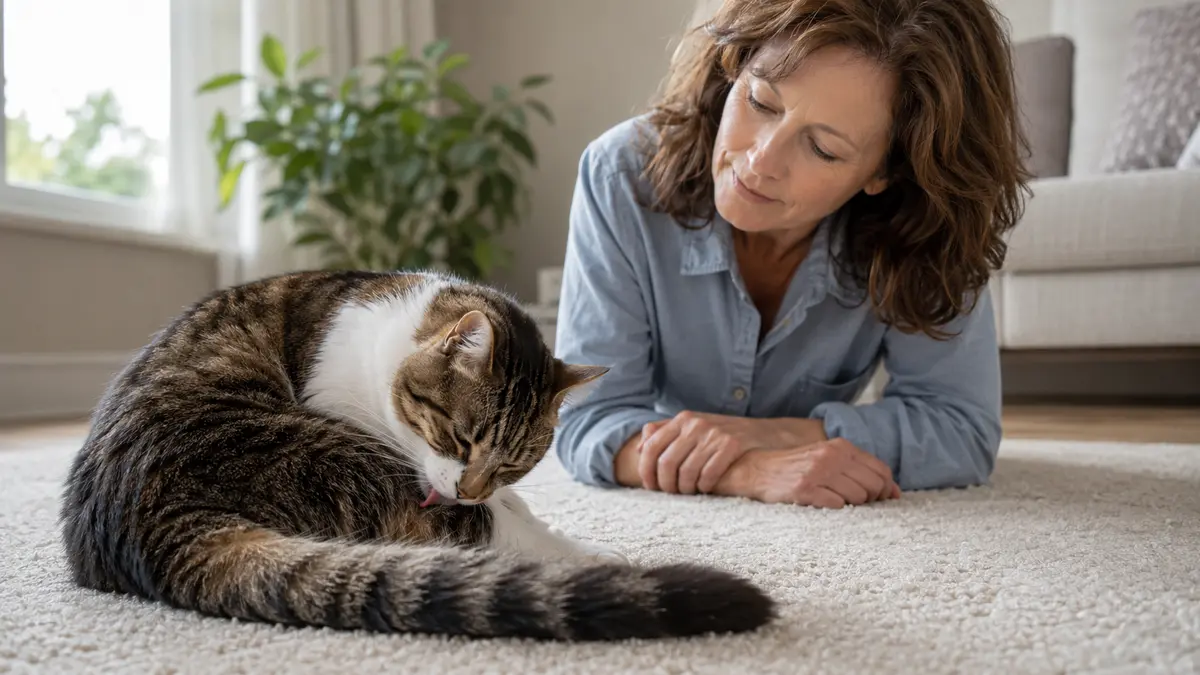 Chat tigré se léchant le flanc sous le regard d’une femme allongée sur un tapis