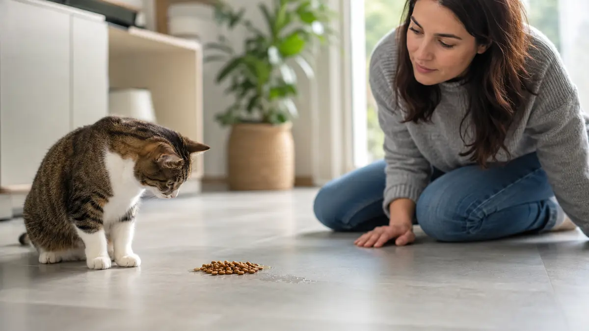 Chat tigré observant des croquettes régurgitées au sol près d’une femme agenouillée