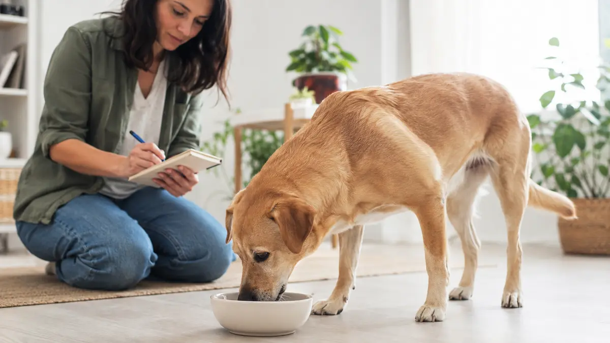 Chien buvant dans une gamelle pendant que son humaine note sa consommation