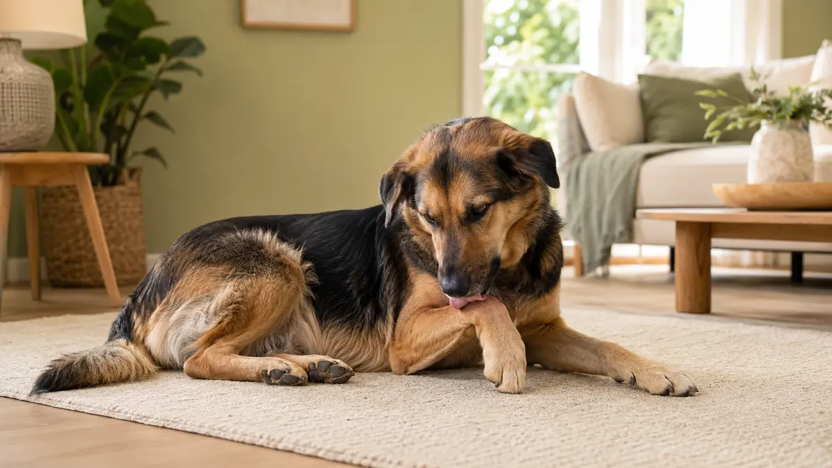 Chien adulte se léchant doucement une patte avant dans un salon lumineux