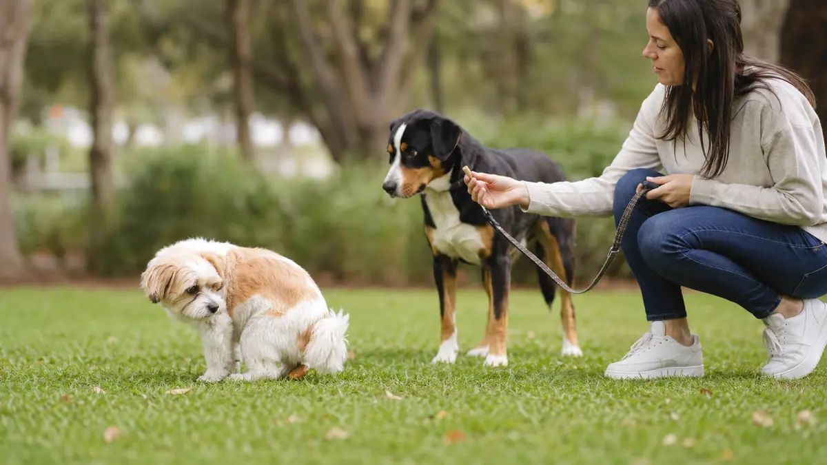 Propriétaire redirigeant calmement son chien pendant une promenade