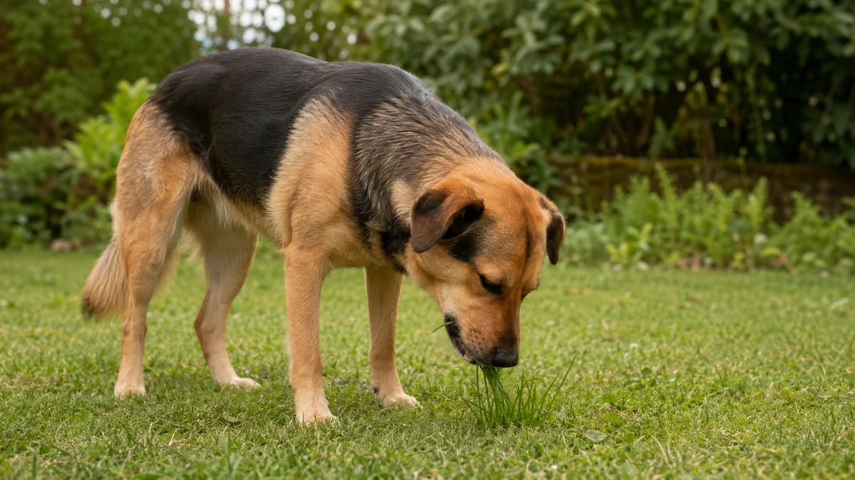 Chien adulte détendu mangeant quelques brins d’herbe dans un jardin