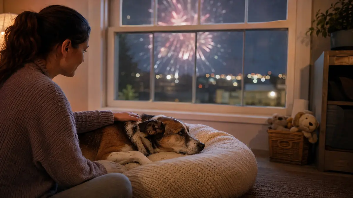 Femme rassurant un chien couché dans son panier pendant des feux d’artifice visibles à la fenêtre