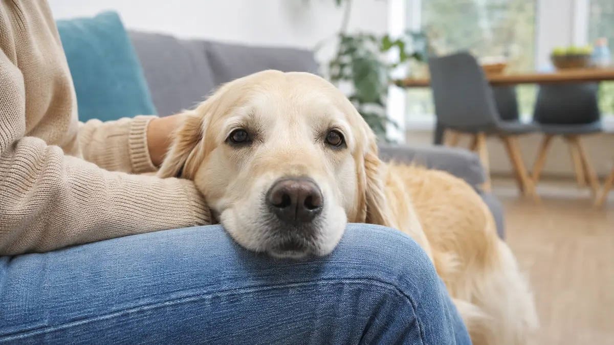 Golden retriever posant sa tête sur le genou d’une personne assise dans un salon