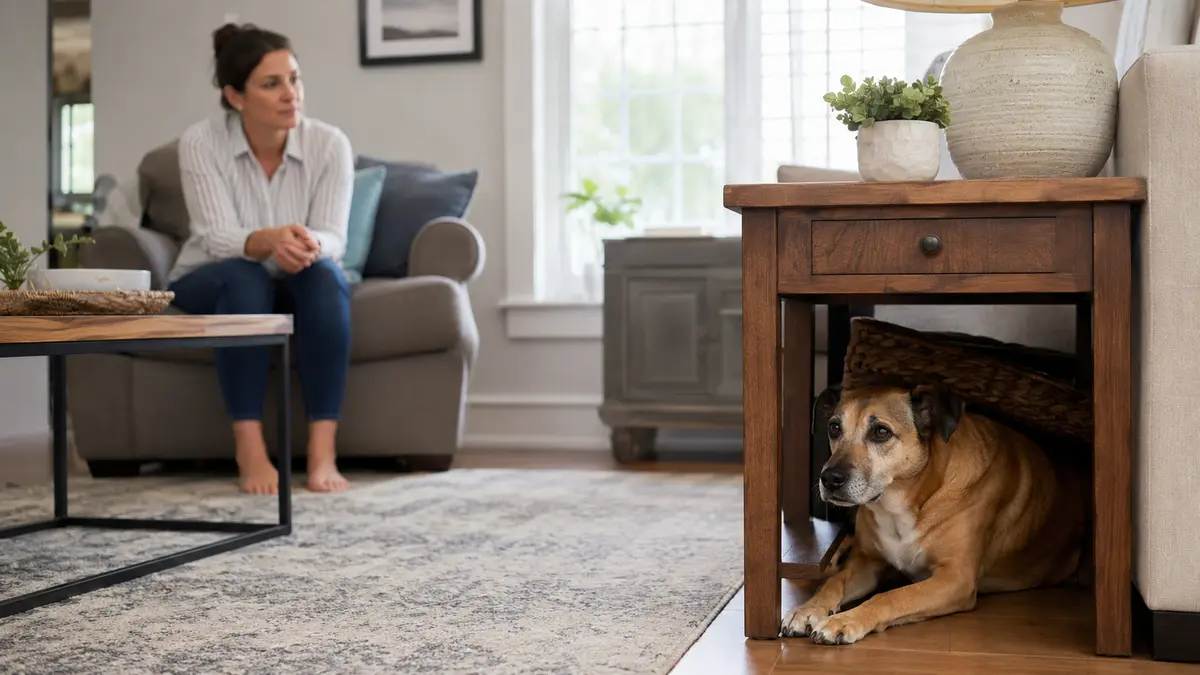 Chien caché sous une table d’appoint pendant qu’une femme l’observe à distance dans un salon