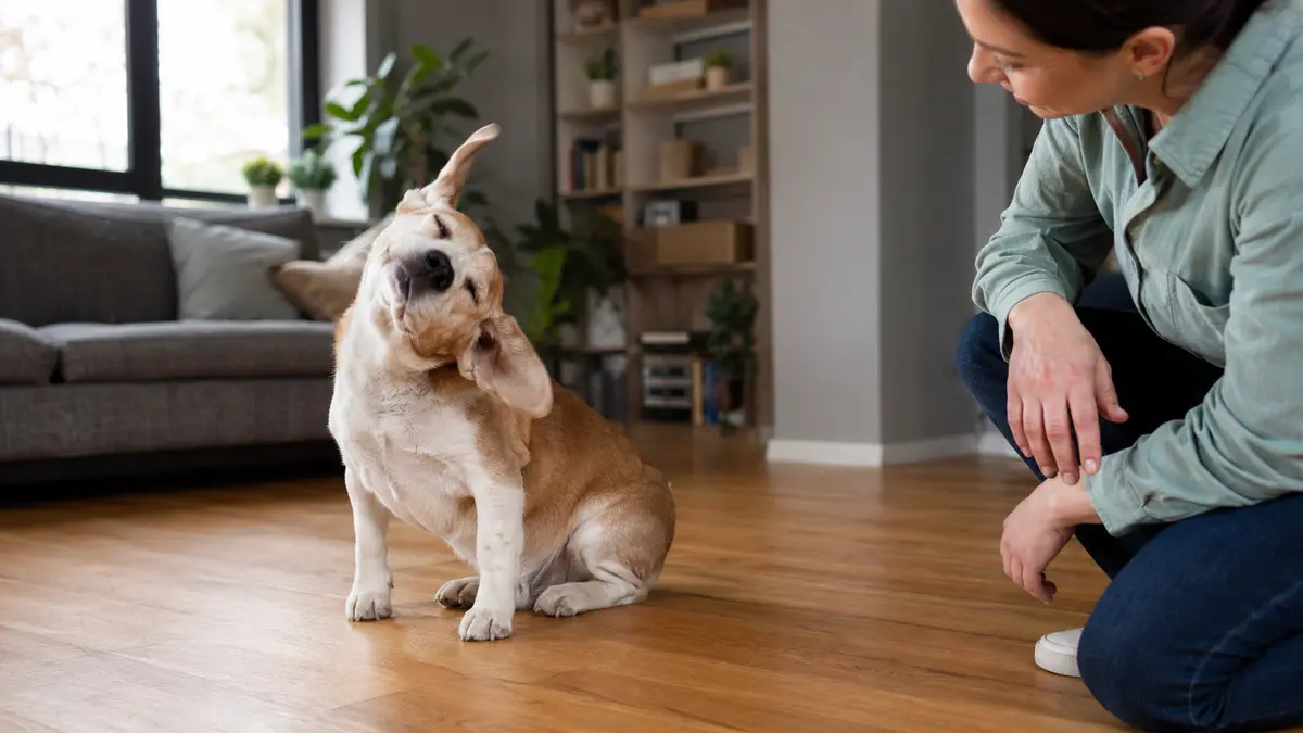 Bouledogue se grattant l’oreille devant une femme agenouillée dans un salon
