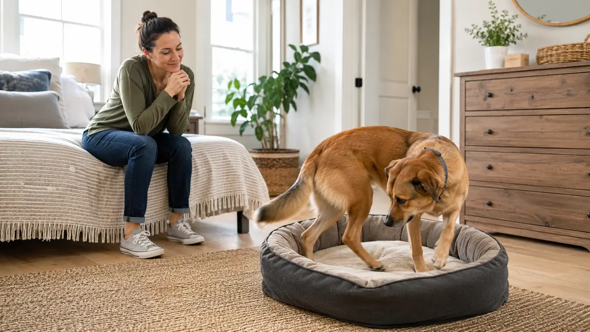 Chien roux tournant dans son panier sous le regard d’une femme assise sur un lit