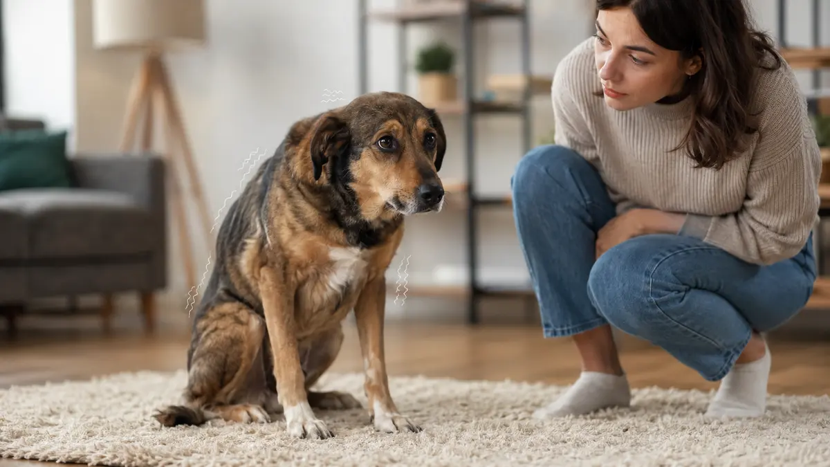 Chien tremblant doucement sous le regard attentif de son humaine dans un salon