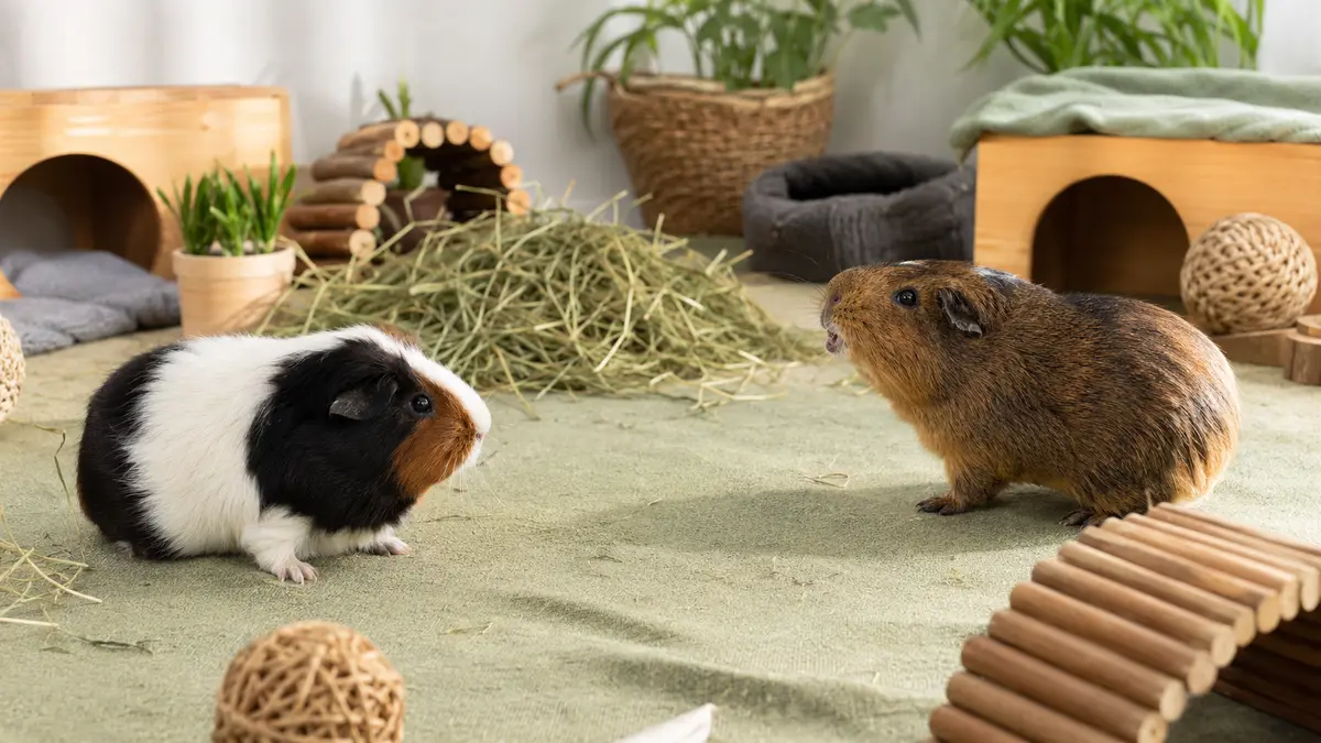 Deux cochons d’Inde à distance dans un habitat enrichi, l’un émettant un avertissement