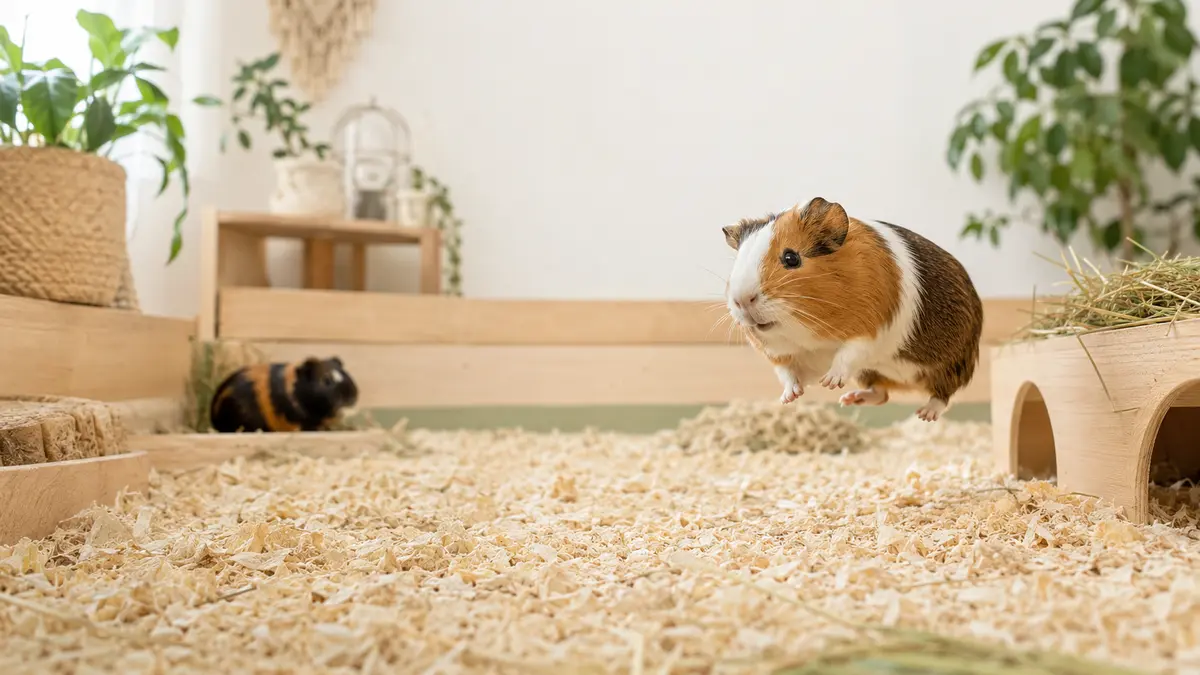 Cochon d’Inde réalisant un petit saut de popcorning dans un habitat spacieux