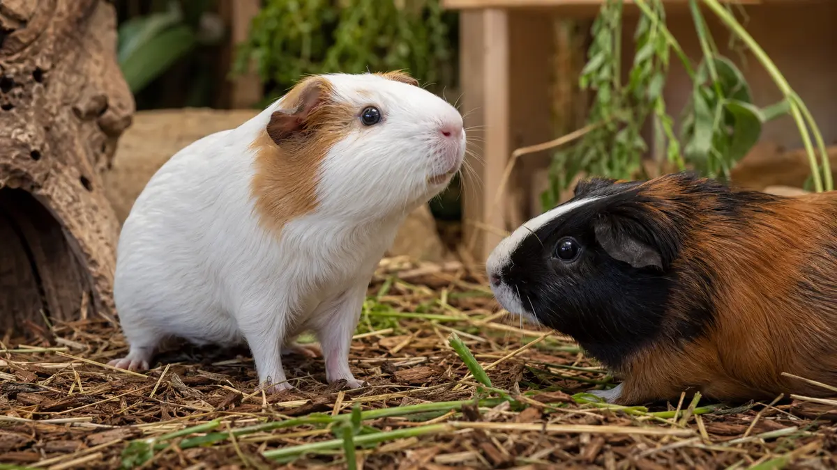 Deux cochons d’Inde face à face dans un enclos garni de foin et de cachettes