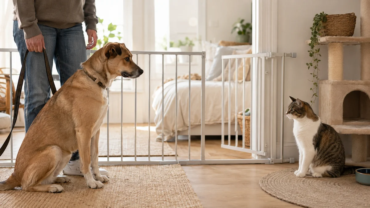 Chien et chat calmes se découvrant à distance derrière une barrière sous surveillance