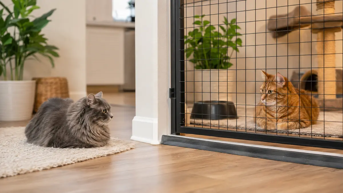 Chat gris et chat roux s’observant de part et d’autre d’une barrière grillagée