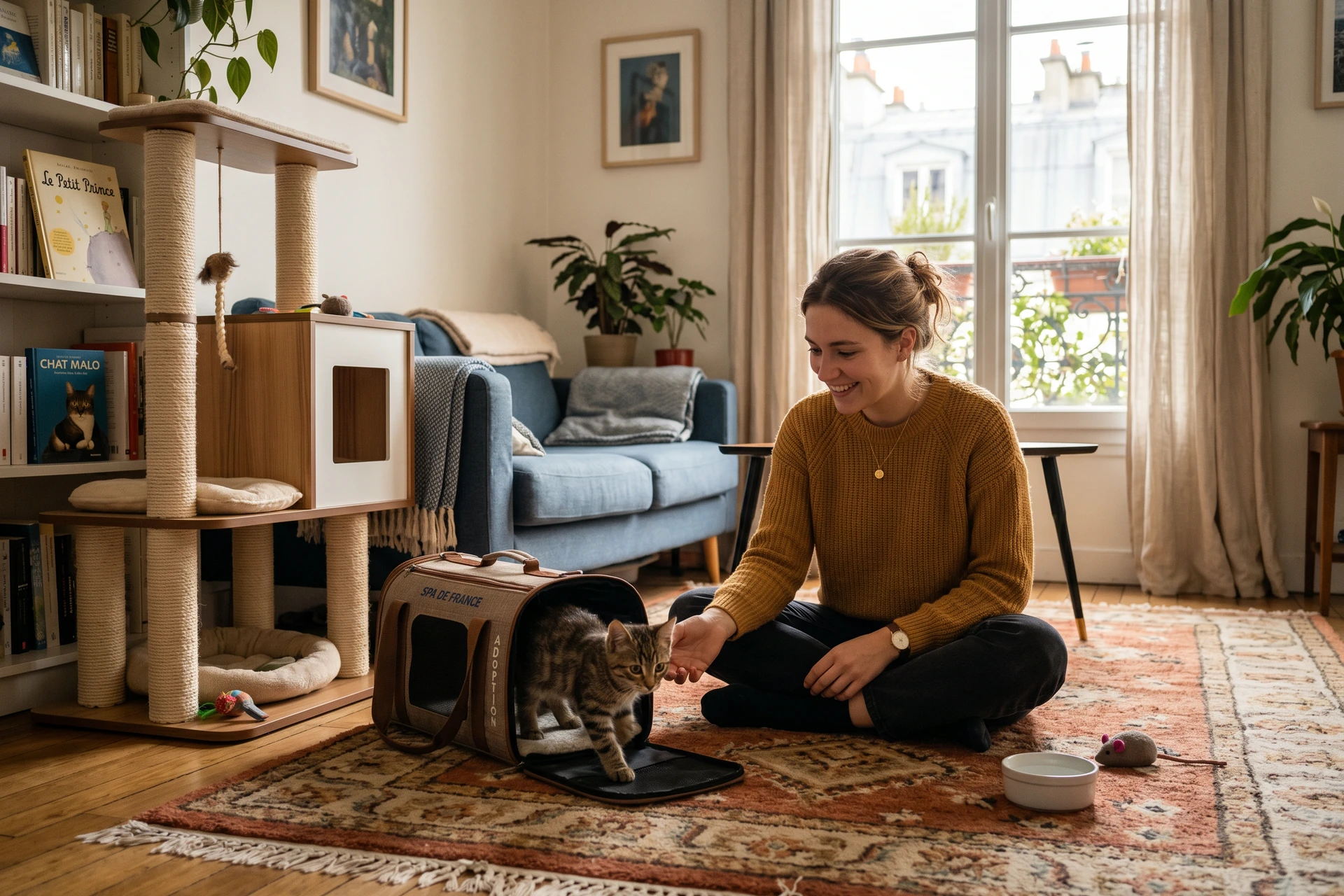 Femme jouant avec un chat dans un salon aménagé