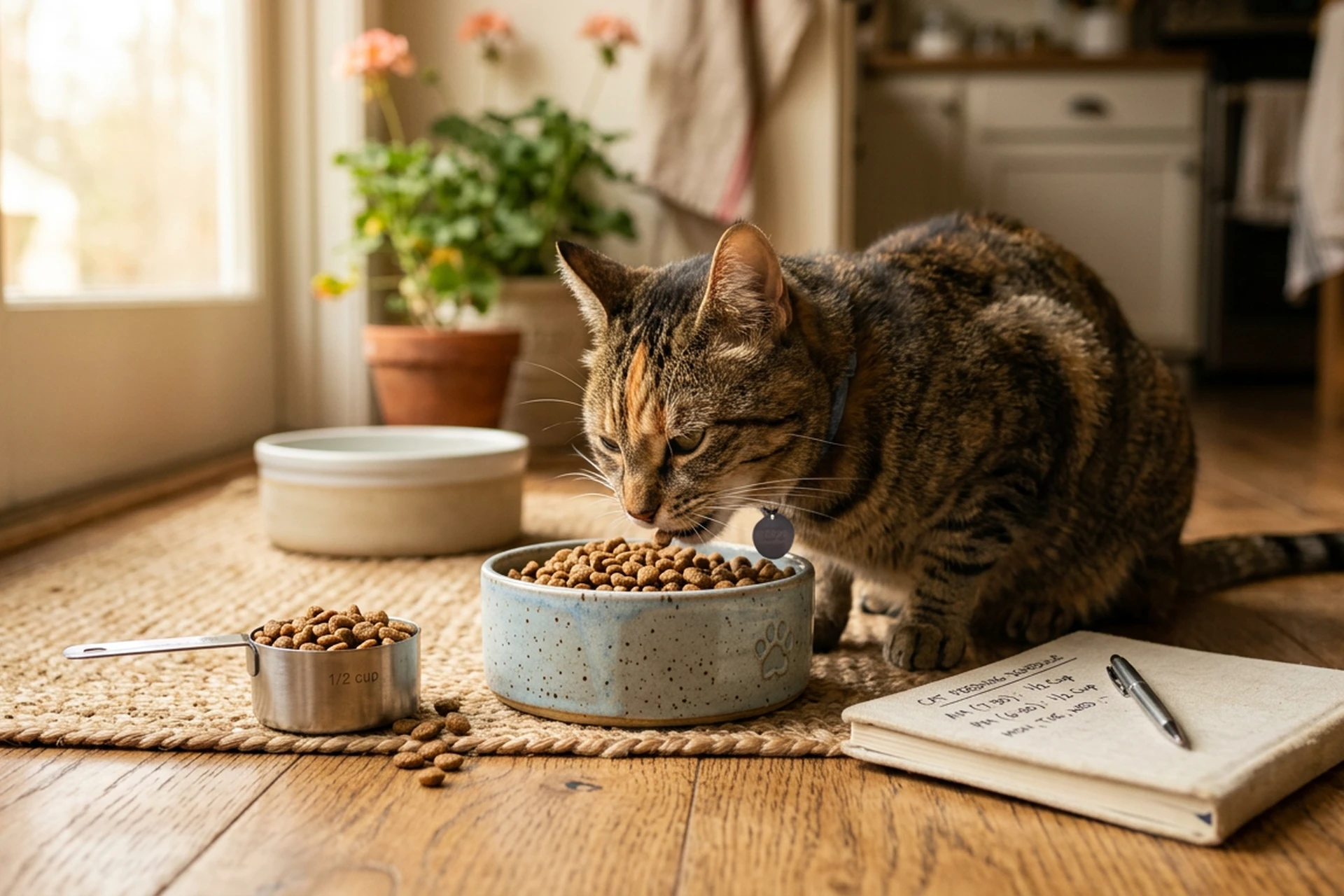 Chat mangeant des croquettes dans une gamelle