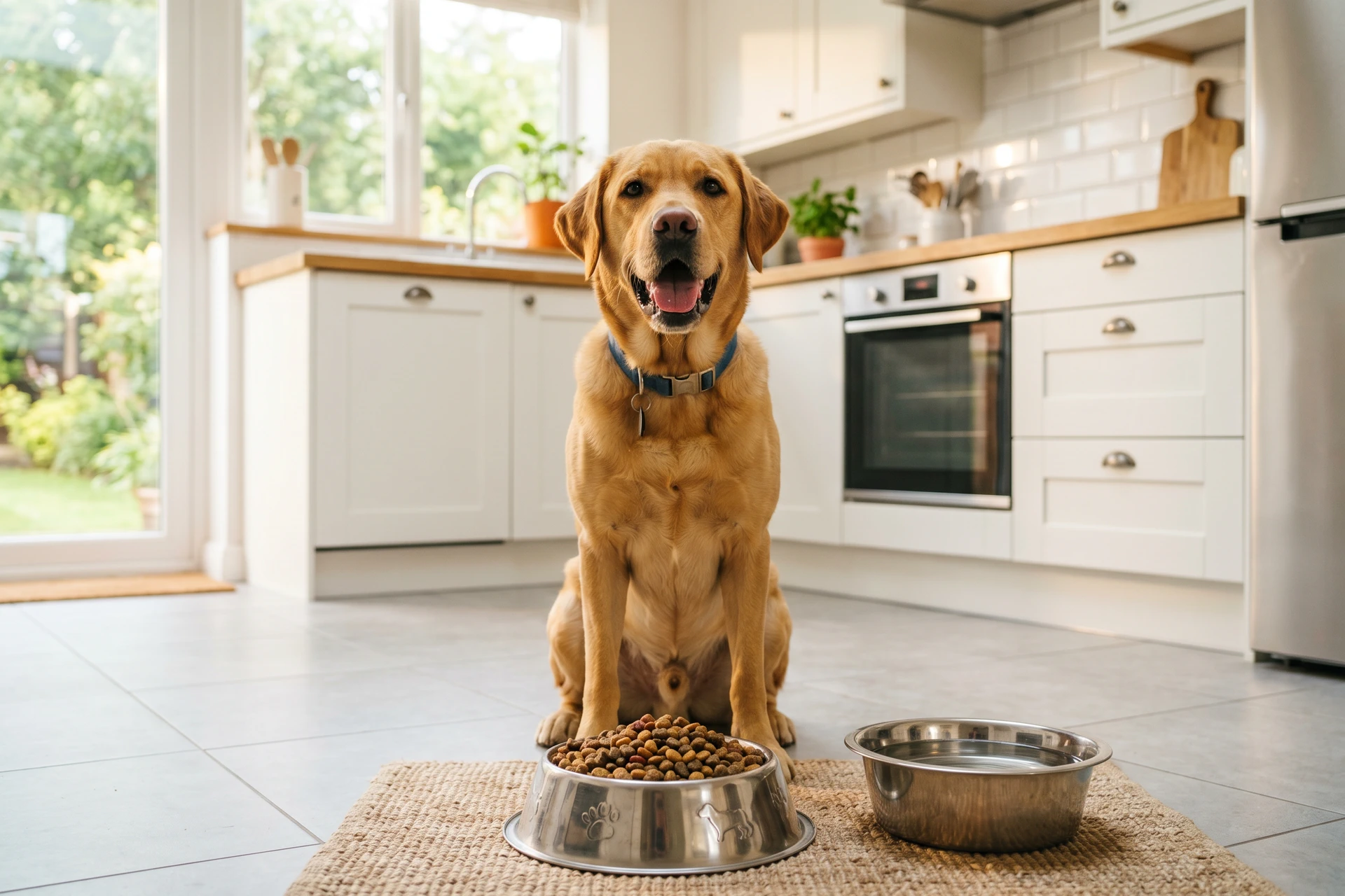 Golden retriever devant ses gamelles de nourriture et d’eau