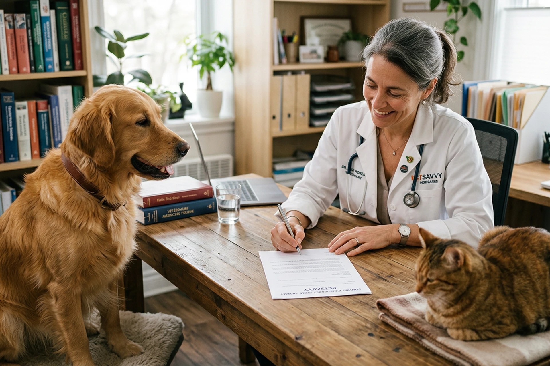 Vétérinaire présentant un contrat d’assurance à des propriétaires de chien et de chat