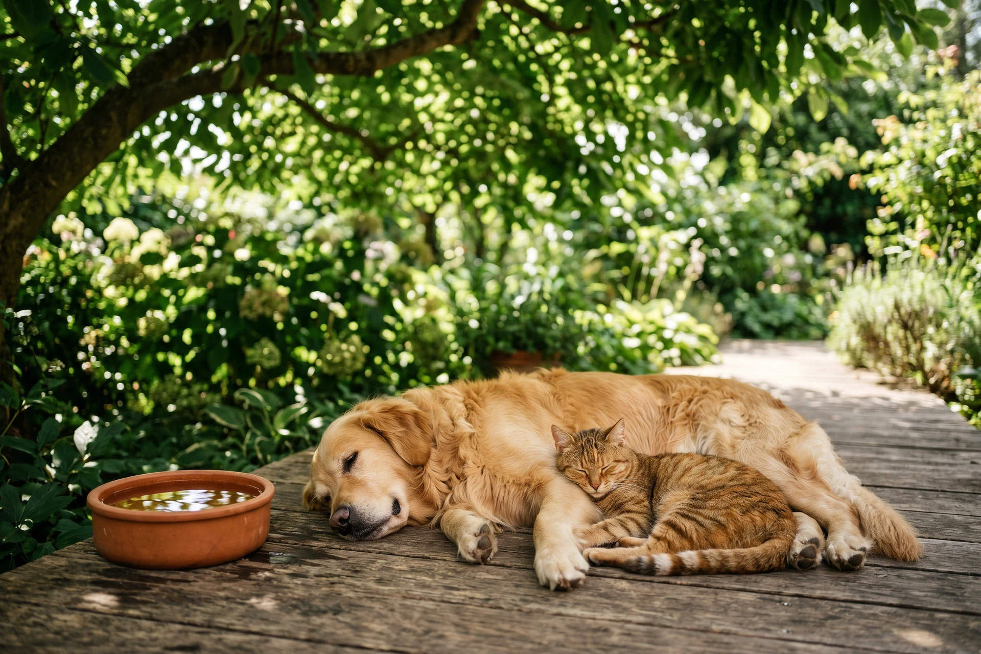 Chien et chat à l'ombre avec gamelle d'eau