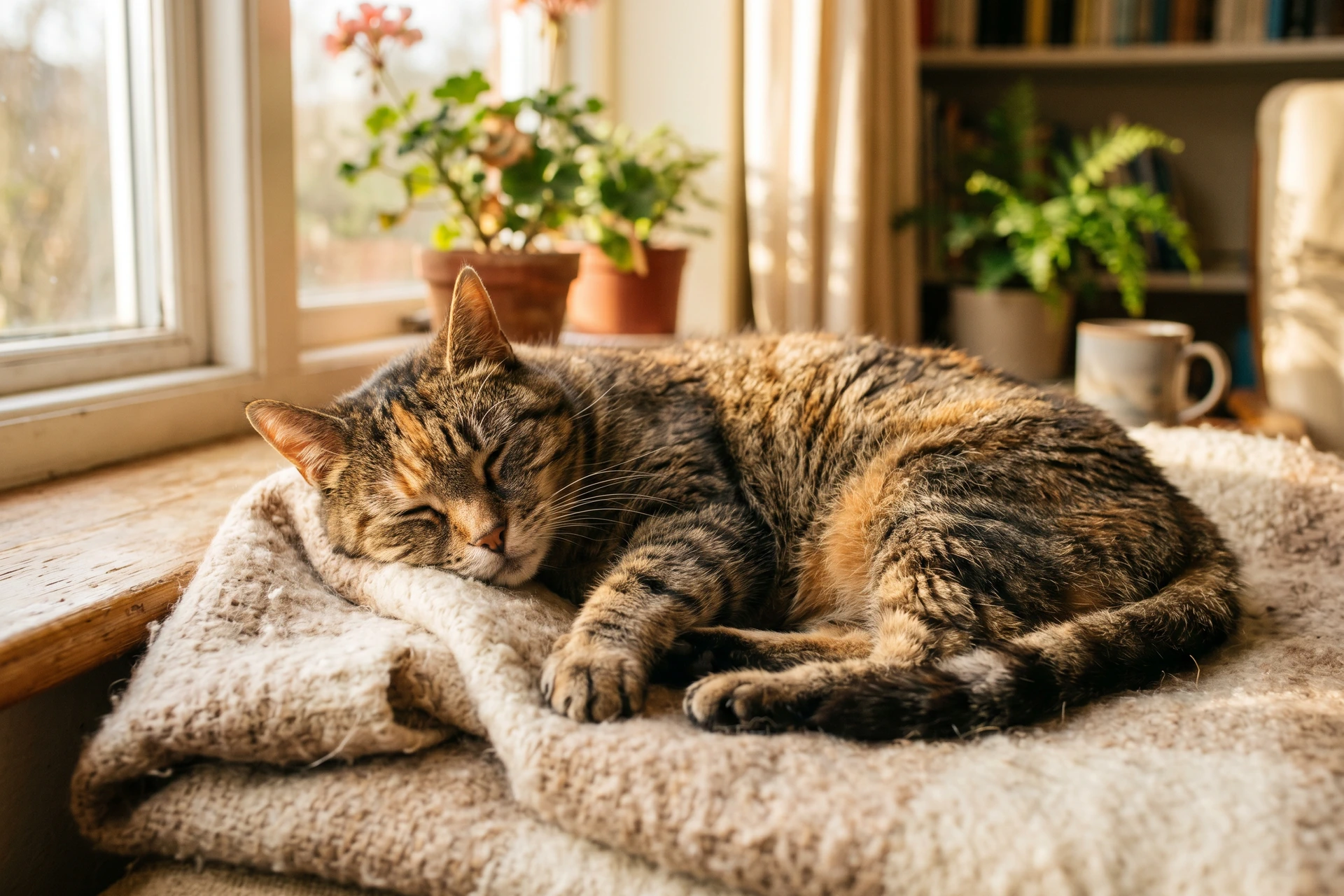 Chat senior couché sur une couverture près d’une fenêtre