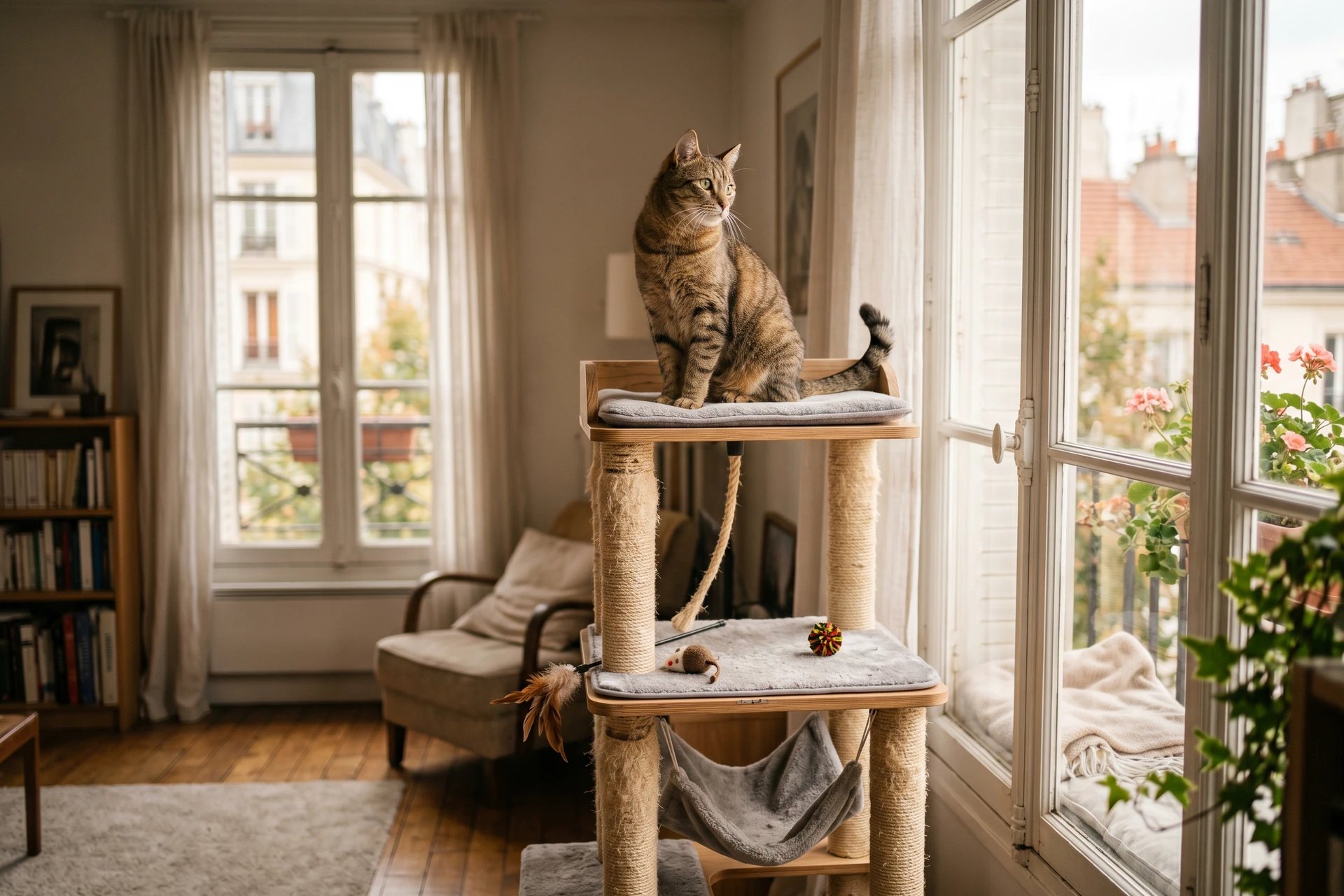 Chat perché sur un arbre à chat devant une fenêtre