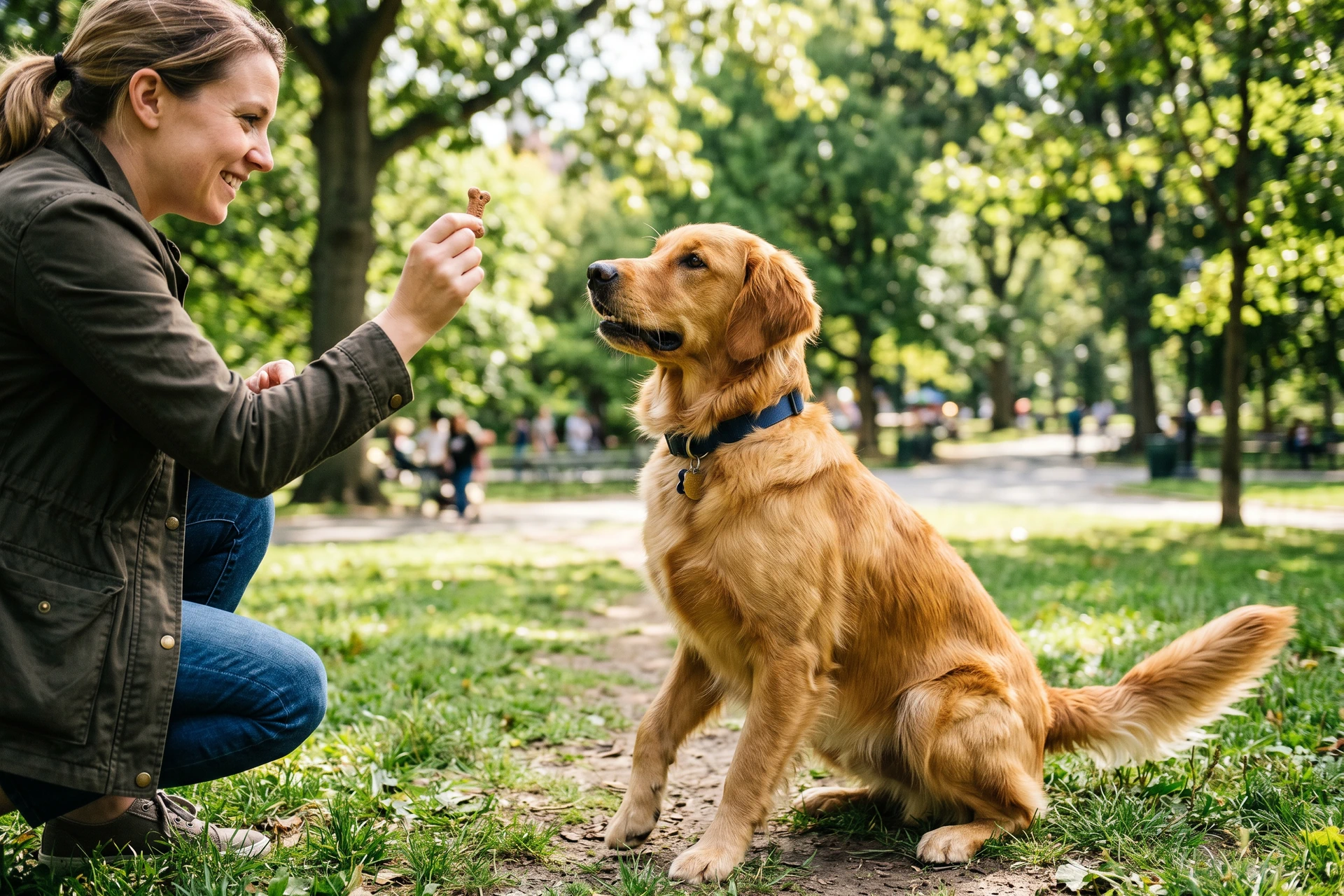 Femme récompensant un golden retriever assis dans un parc