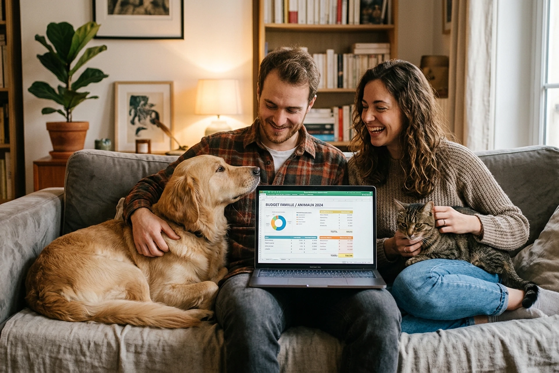 Couple consultant un budget avec leur chien sur un canapé