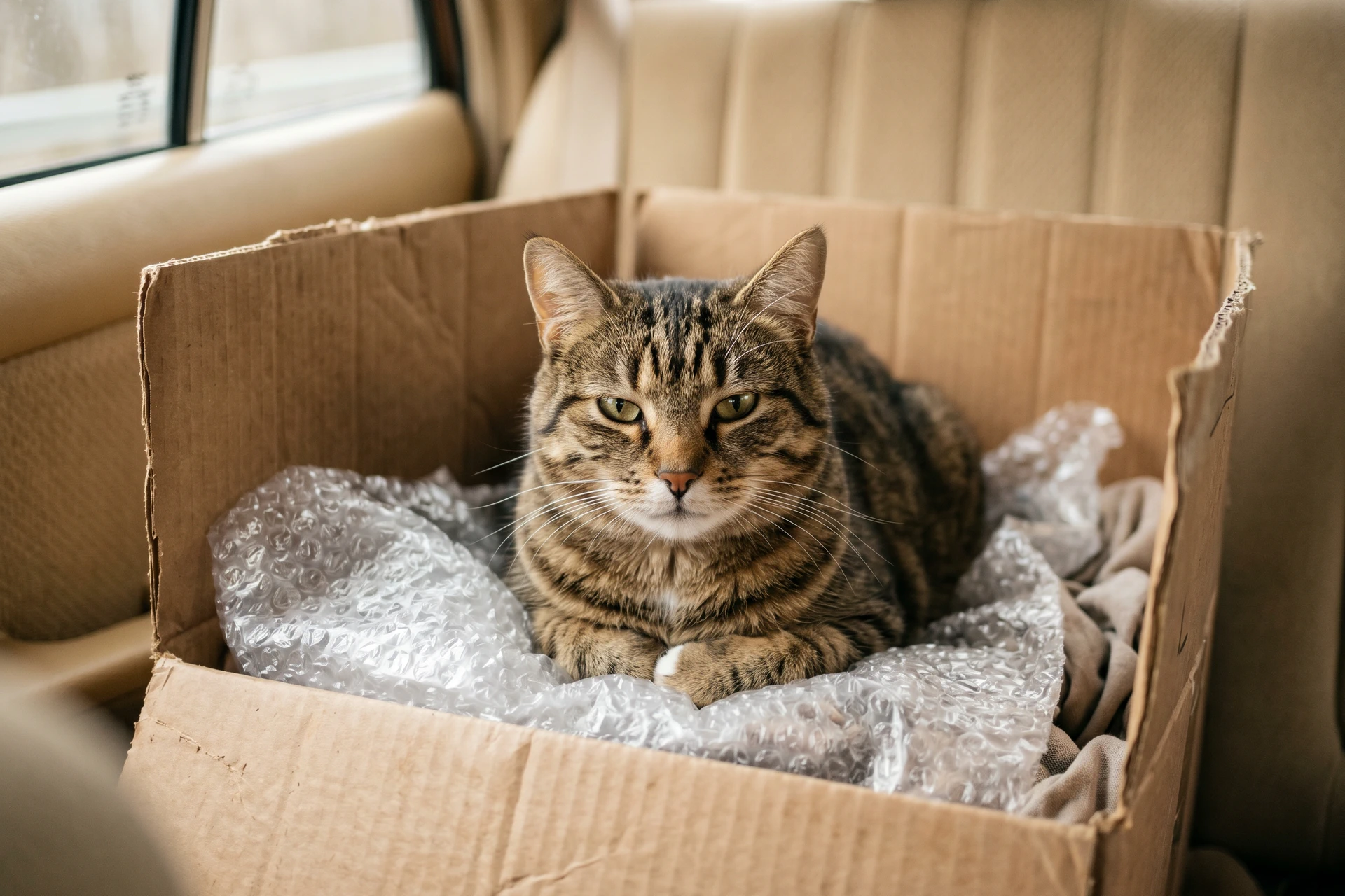 Chat curieux dans un carton de déménagement