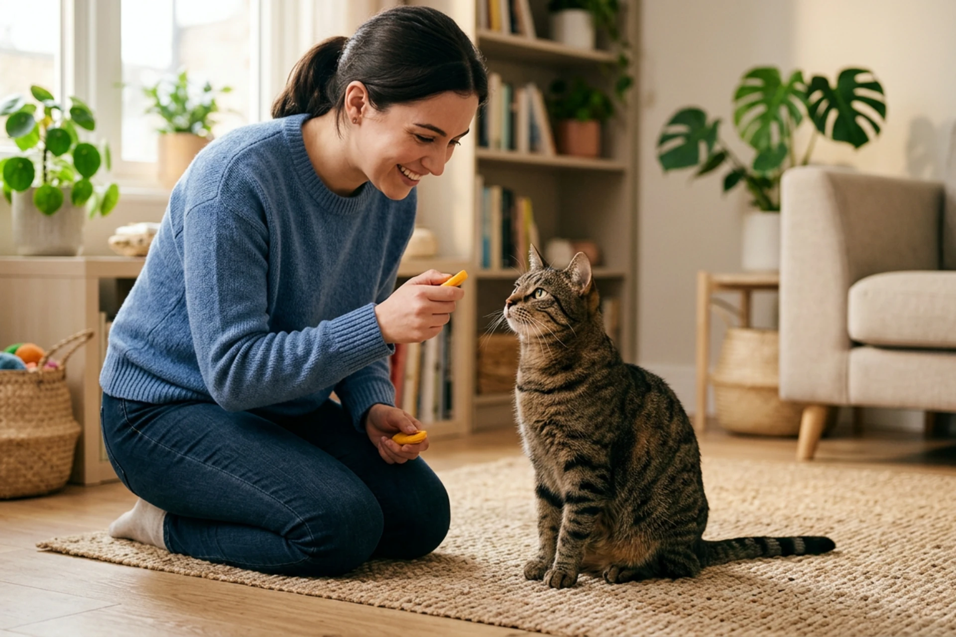 Chat en formation positive avec son propriétaire