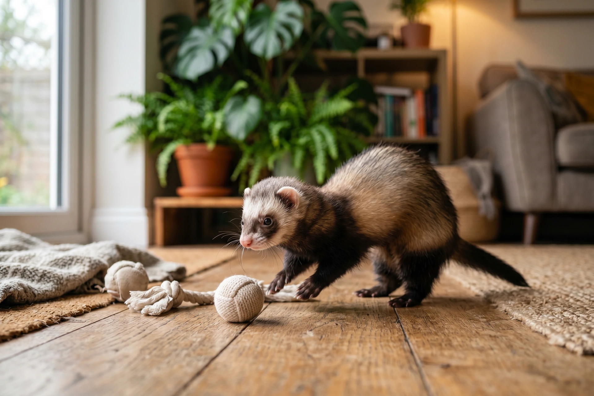 Furet curieux jouant dans un salon confortable
