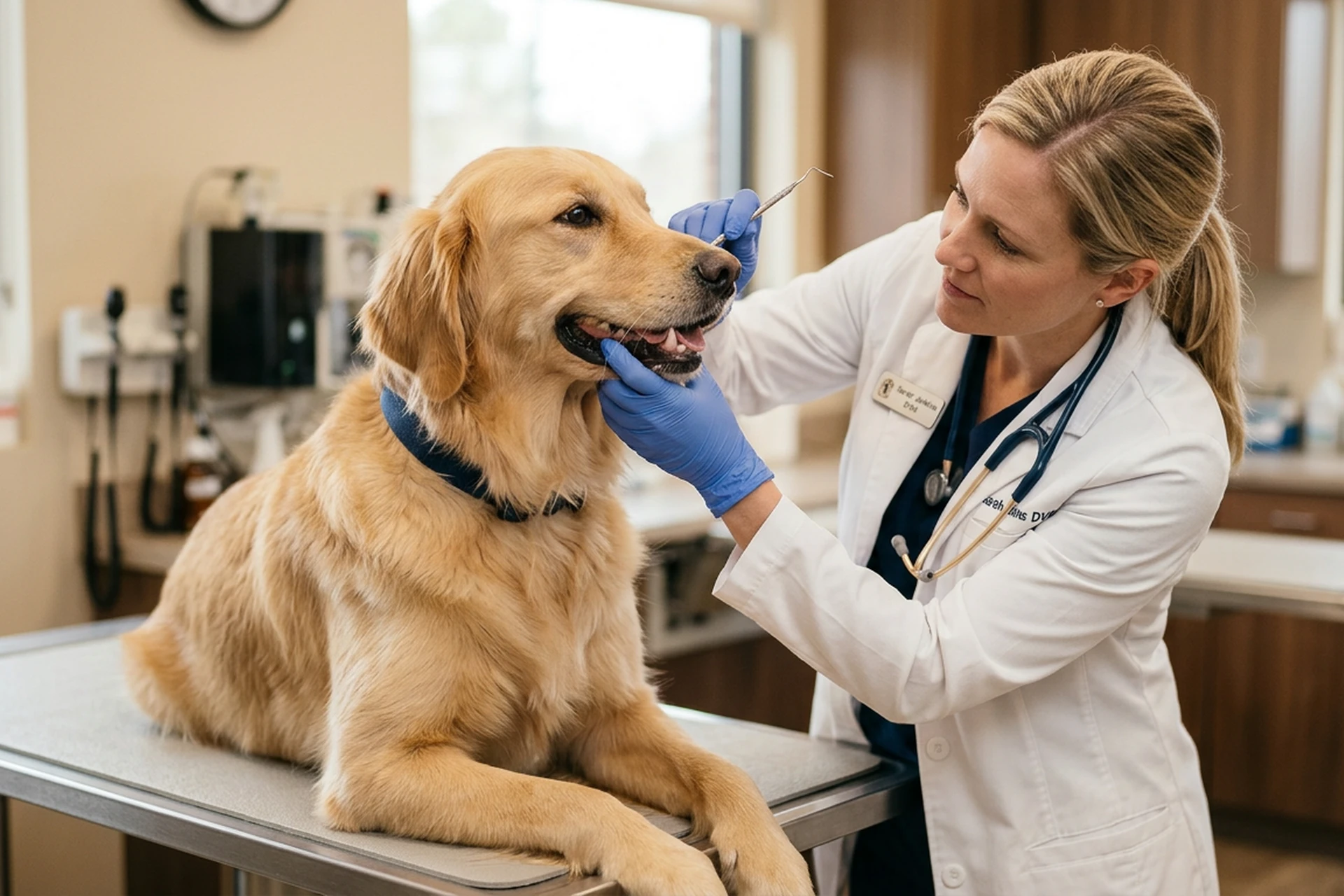 Vétérinaire examinant la bouche d’un chien