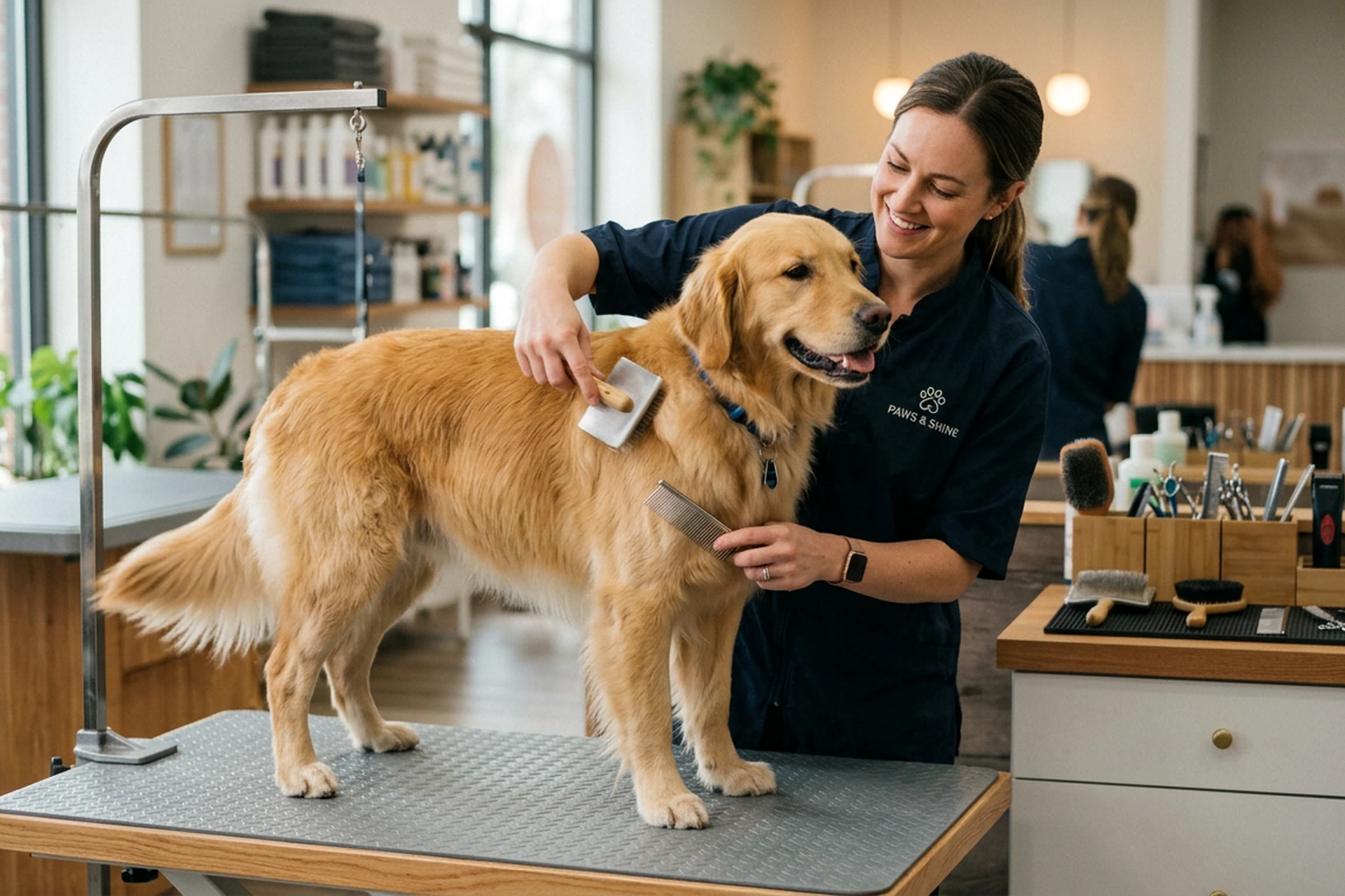 Toiletteuse brossant un golden retriever