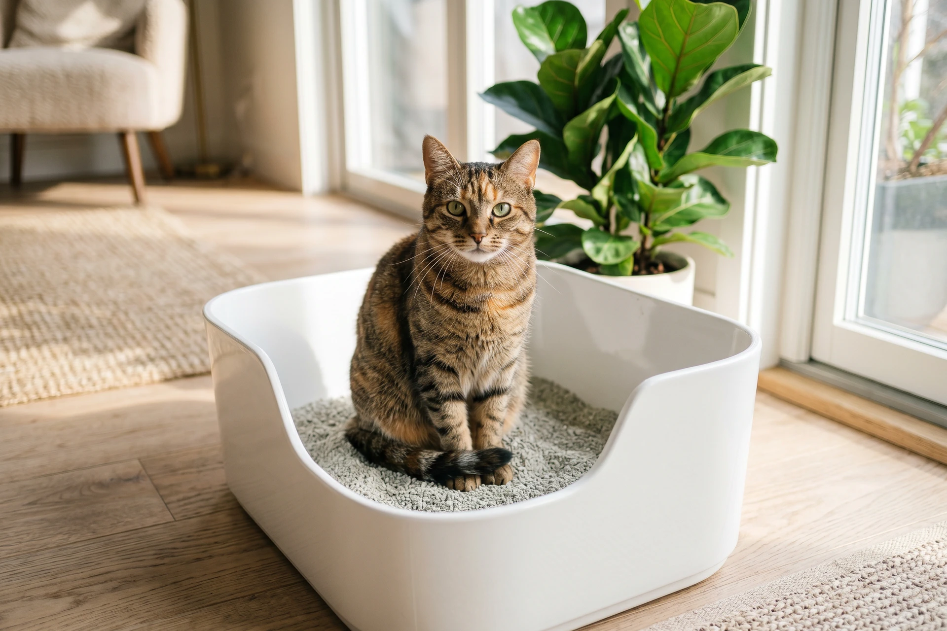 Chat dans un bac à litière propre