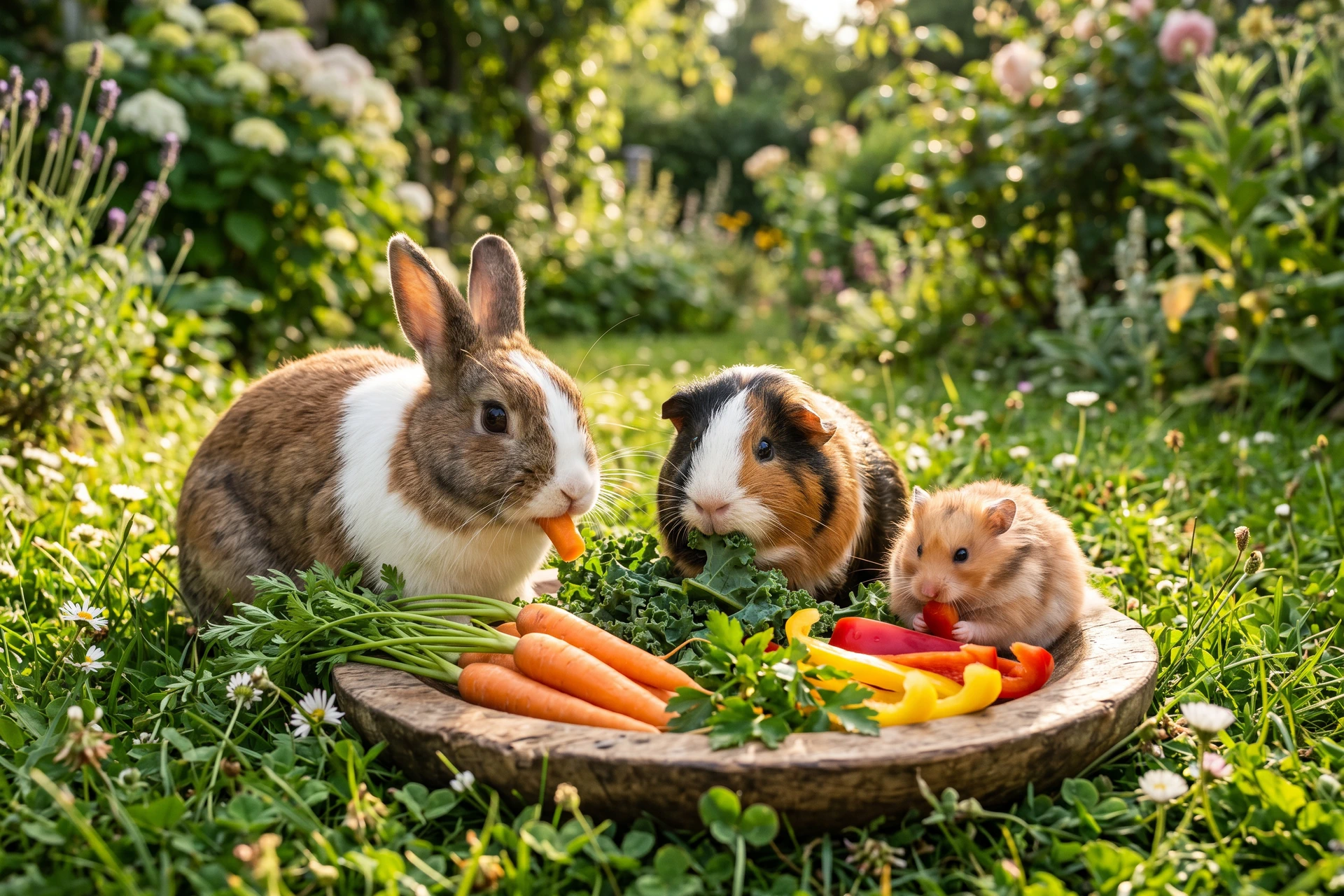 Trois NAC (lapin, cobaye et hamster) mangeant des légumes frais dans un cadre naturel ensoleillé