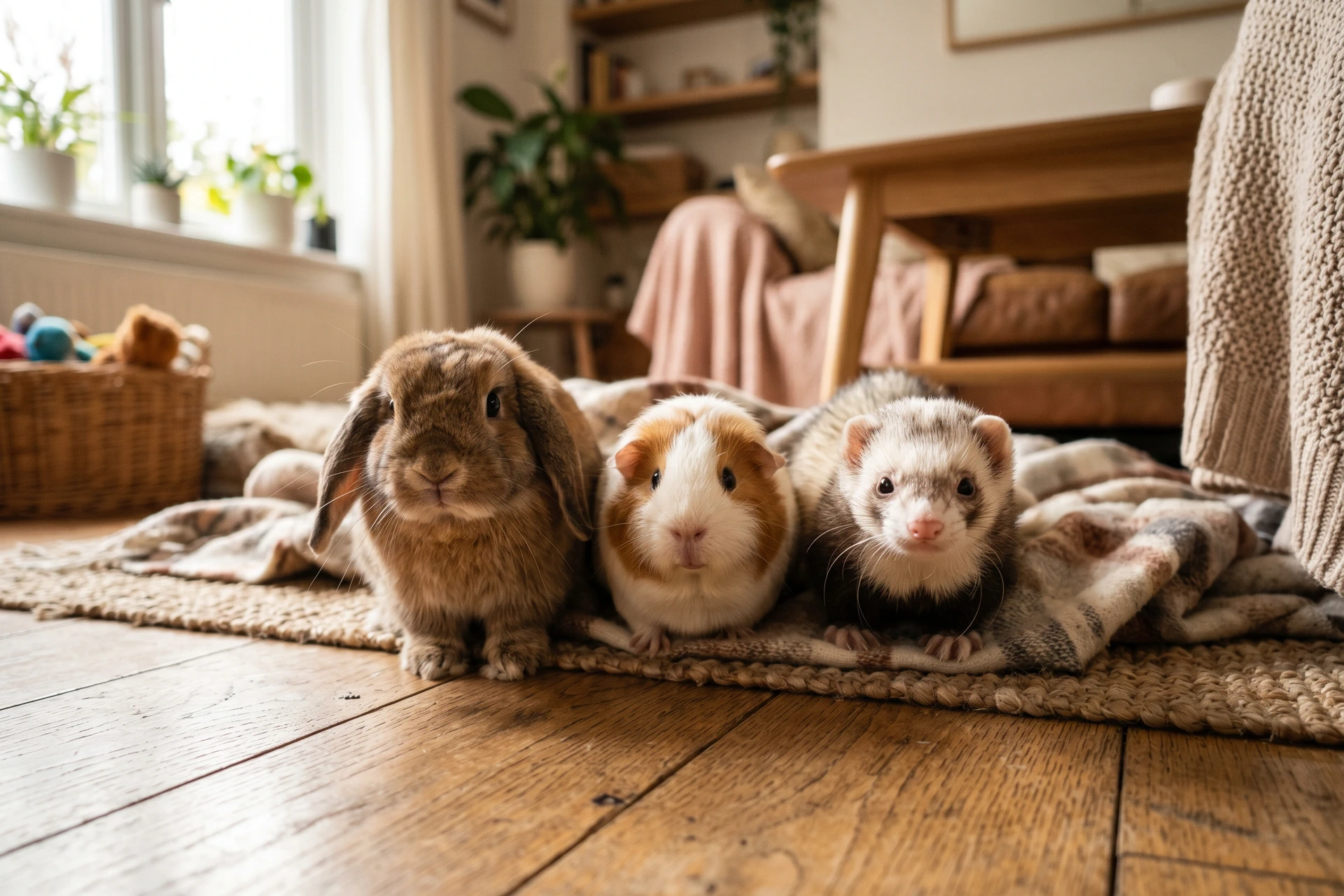 Lapin, cochon d’Inde et furet réunis dans un intérieur