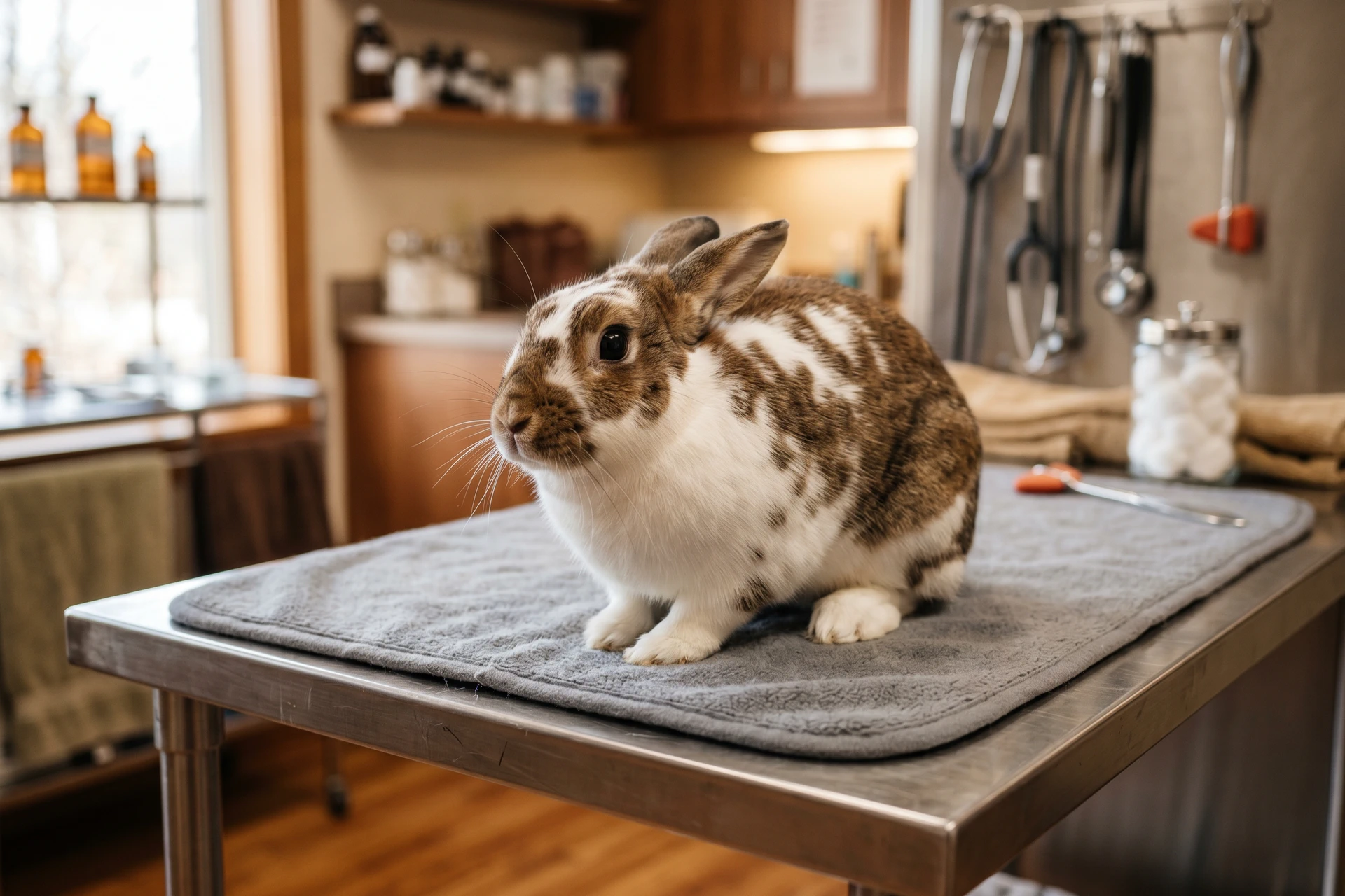 Lapin adulte en bonne santé assis calmement sur une table d'examen vétérinaire, lumière douce et rassurante