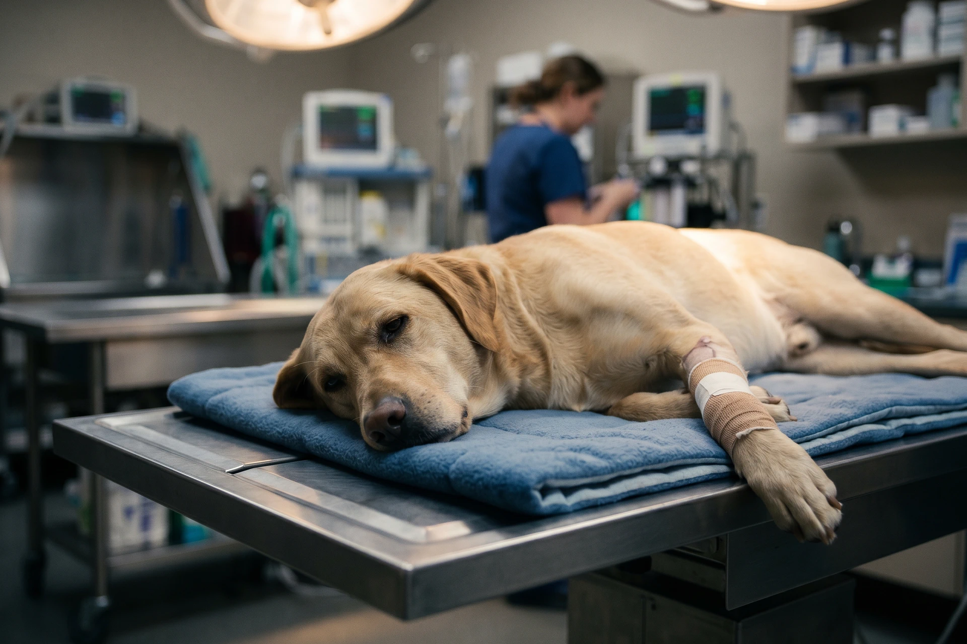 Chien allongé sur une table vétérinaire après une opération