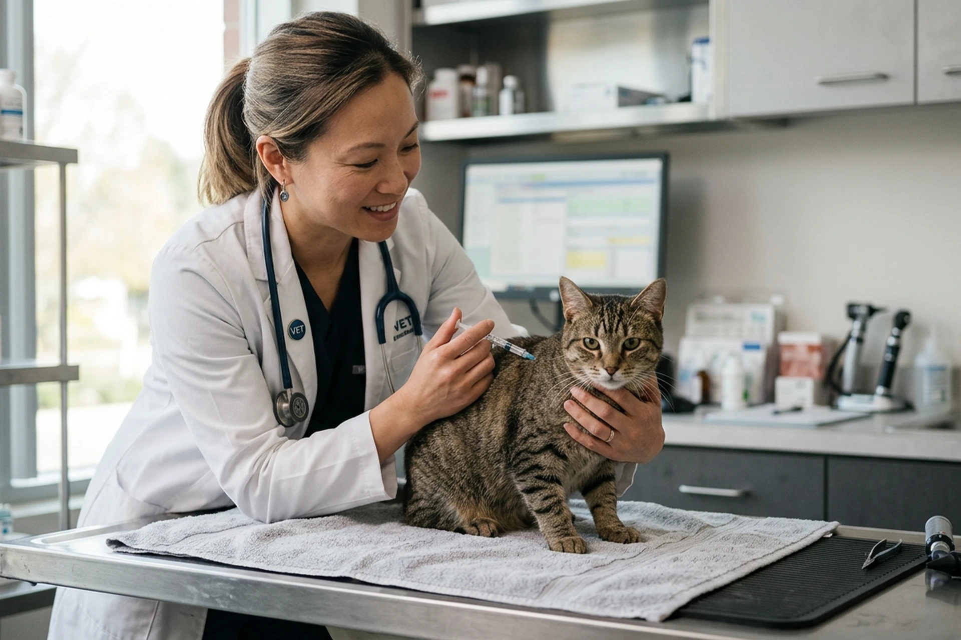 Vétérinaire examinant un chat avant une vaccination