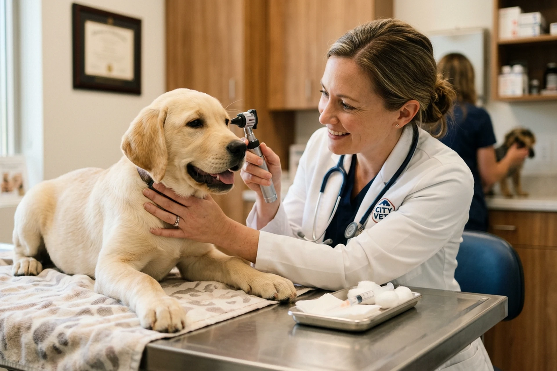 Vétérinaire examinant un chiot labrador